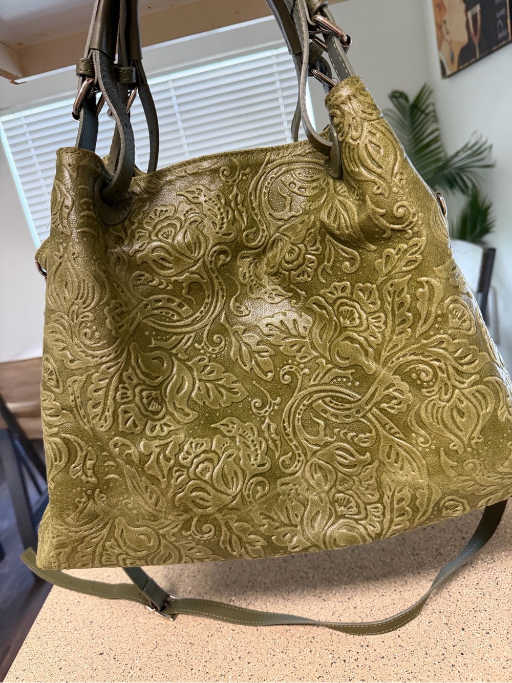 Olive Green Embossed Floral Shoulder Bag with Detachable Strap